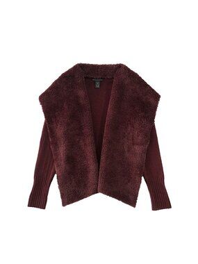 Grace Elements Open Cardigan Womans Size L Burgundy Knit-Back Faux Leather/Fur